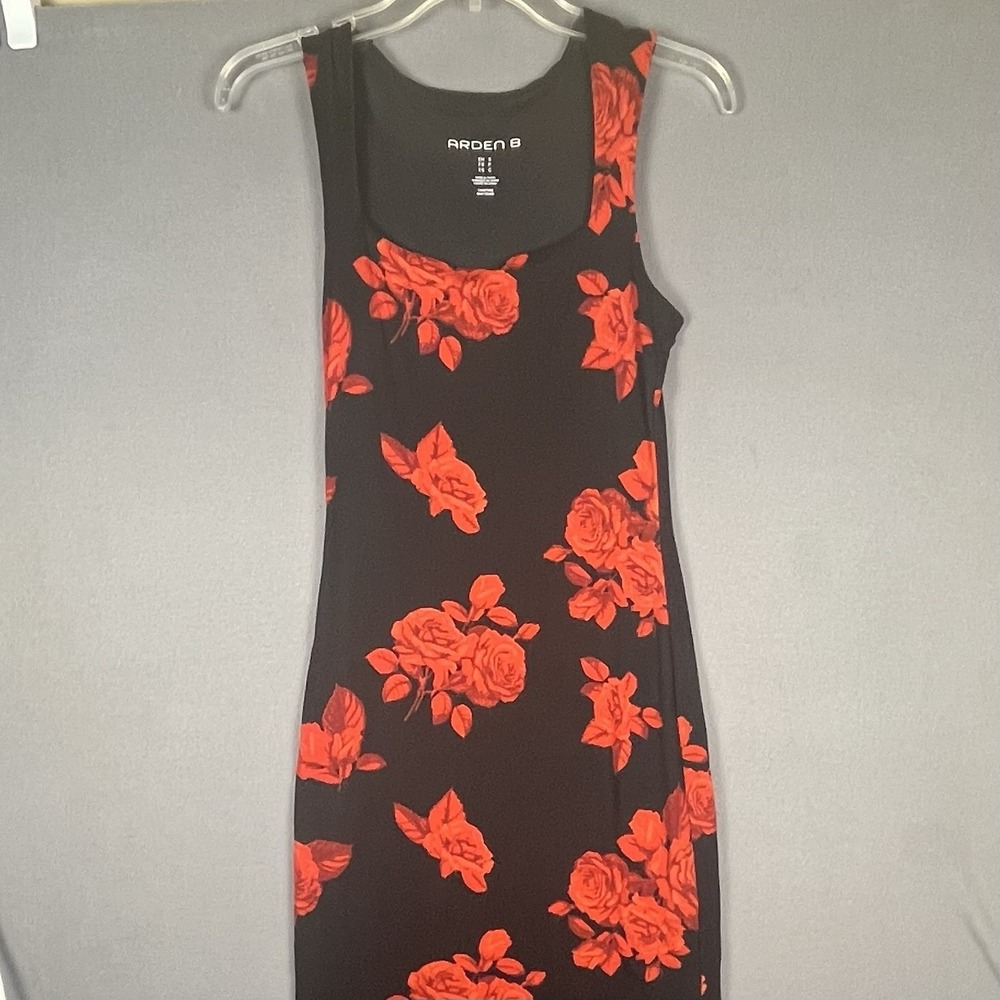 Vintage Arden B Floral Maxi Ribbed Dress Black Red Rose Small Whimsigoth Y2K